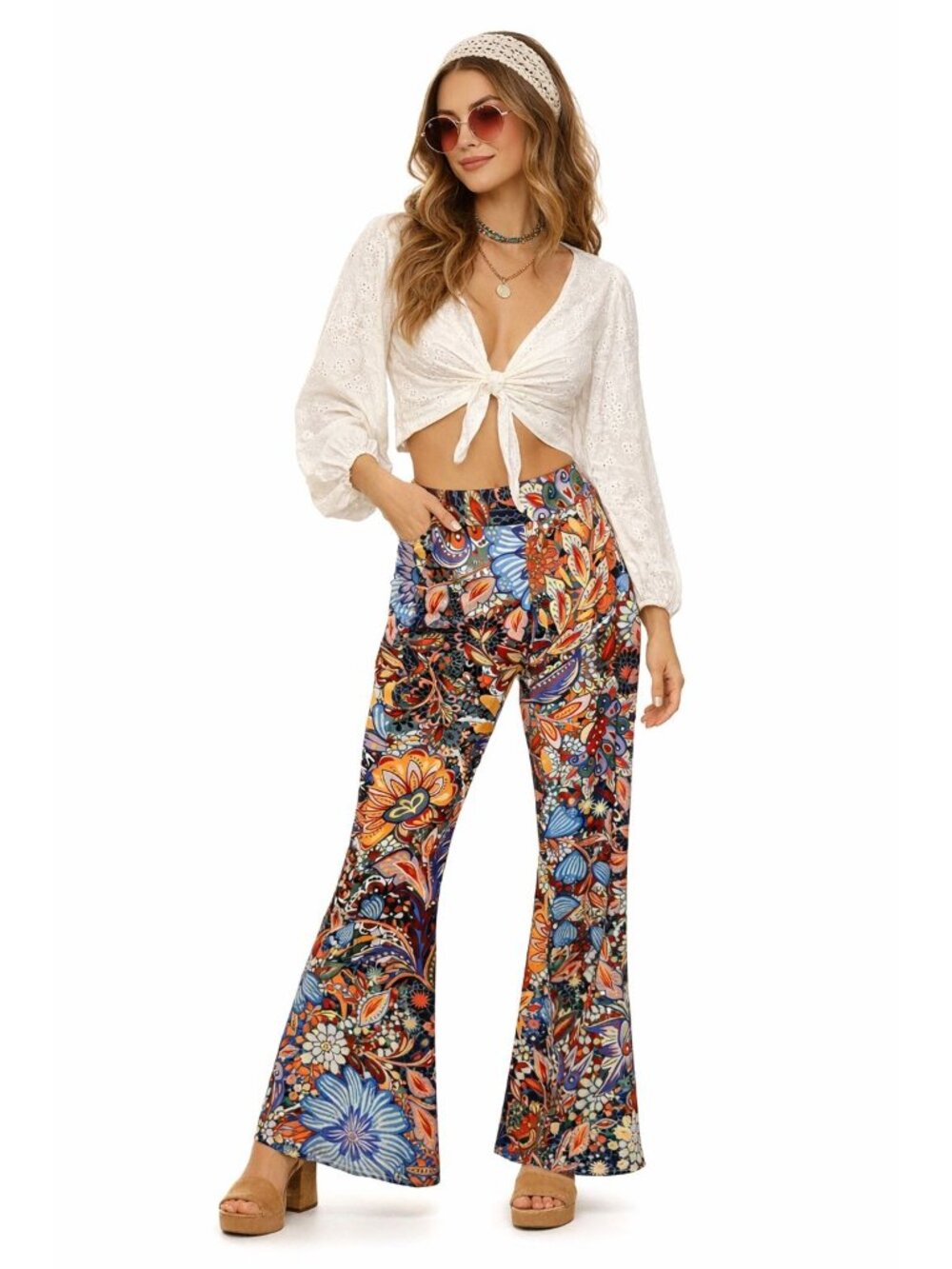 Boho Floral Wide-Leg Palazzo Pants Multicolor Floral Print Womens M Retro Hippie